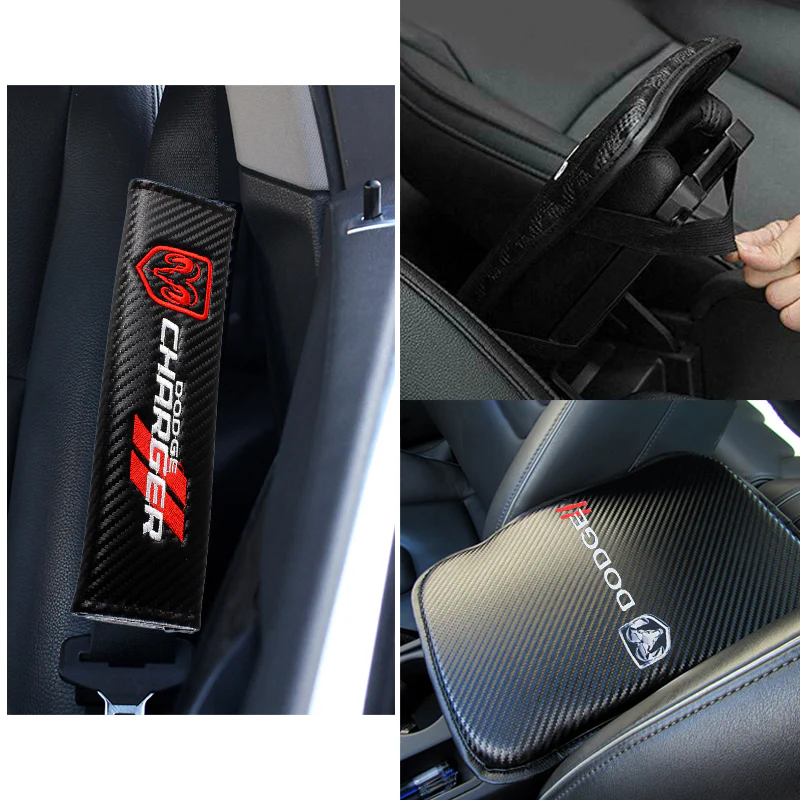 DODGE Charger// Set Armrest Cushion Center Console Cover Pad Mat with Seat Belt Cover Carbon Fiber Look - Image 6