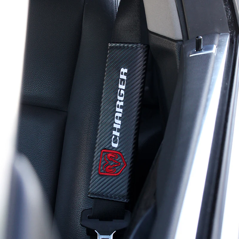 DODGE Charger Set of Car 15" Steering Wheel Cover Carbon Fiber Style Leather with Seat Belt Covers - Image 4