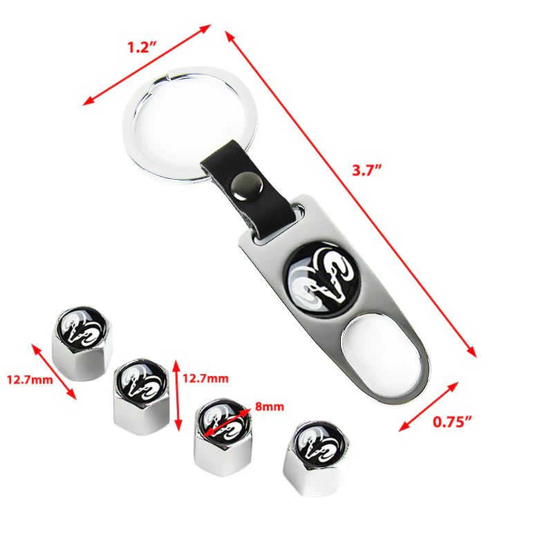 DODGE RAM Silver Car Wheel Tire Valves Dust Stem Air Caps Keychain Emblem KEY FOB Set - US SELLER - Image 3