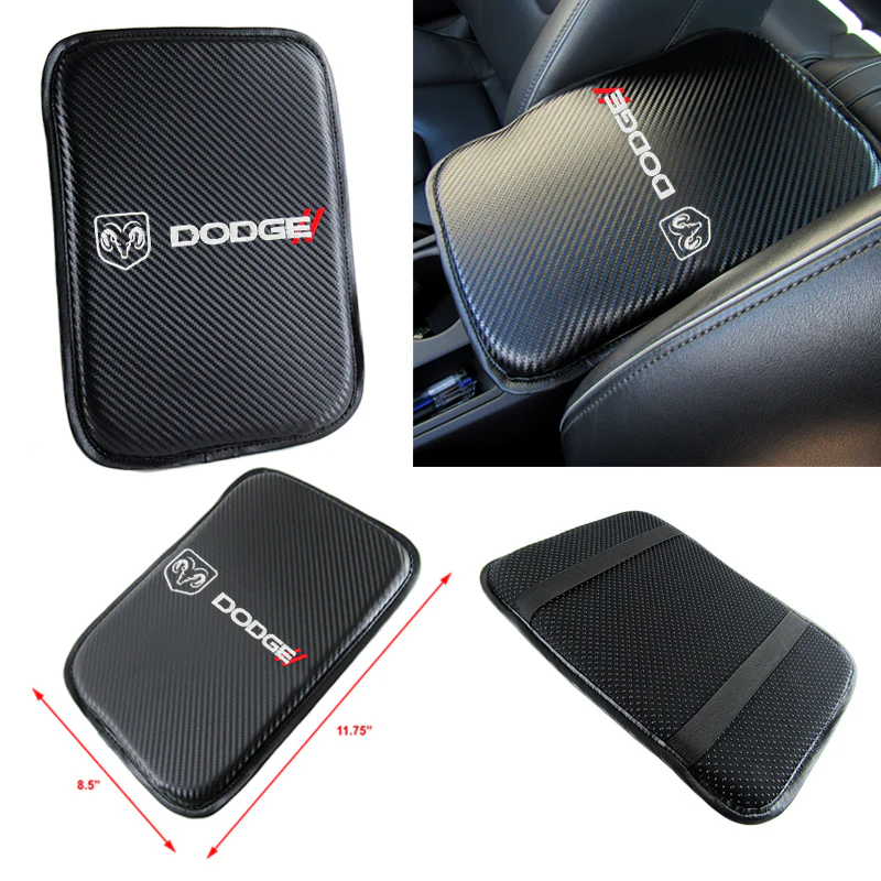 DODGE Set Embroidered Armrest Cushion with Seat Belt Cover Carbon Fiber Look Center Console Cover Pad Mat - Image 6