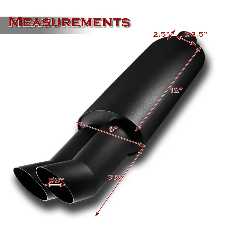 DTM Dual Angle Tip Style Universal 2.5" Inlet 3" Outlet Deep And Smooth Tone Weld-On T-304 Exhaust Muffler -Black - Image 2