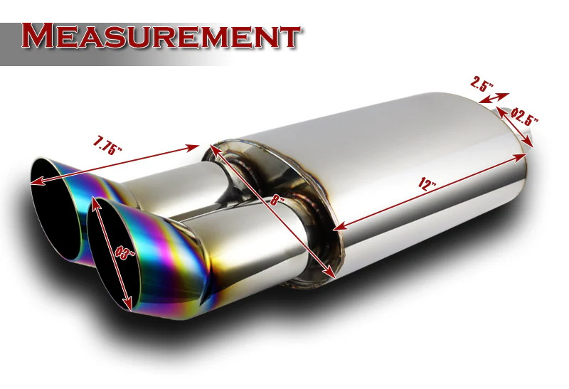 DTM Dual Angle Tip Style Universal 2.5" Inlet 3" Outlet Deep And Smooth Tone Weld-On T-304 Exhaust Muffler -Rainbow Burnt - Image 2