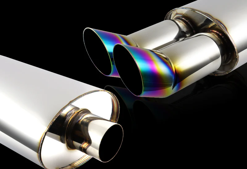 DTM Dual Angle Tip Style Universal 2.5" Inlet 3" Outlet Deep And Smooth Tone Weld-On T-304 Exhaust Muffler -Rainbow Burnt - Image 3