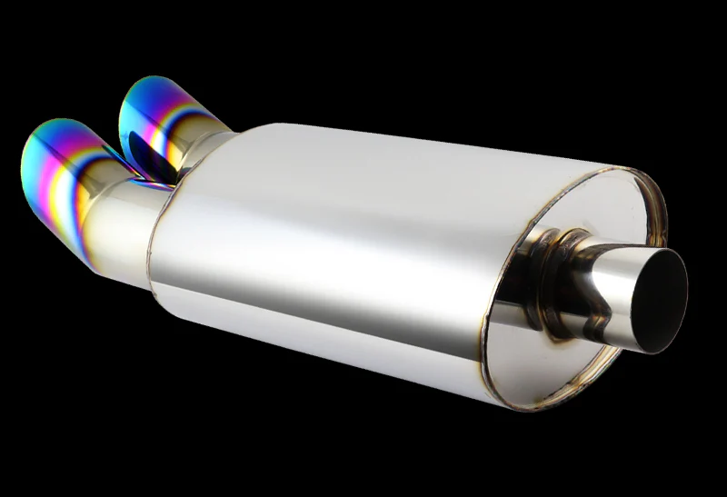 DTM Dual Angle Tip Style Universal 2.5" Inlet 3" Outlet Deep And Smooth Tone Weld-On T-304 Exhaust Muffler -Rainbow Burnt - Image 4