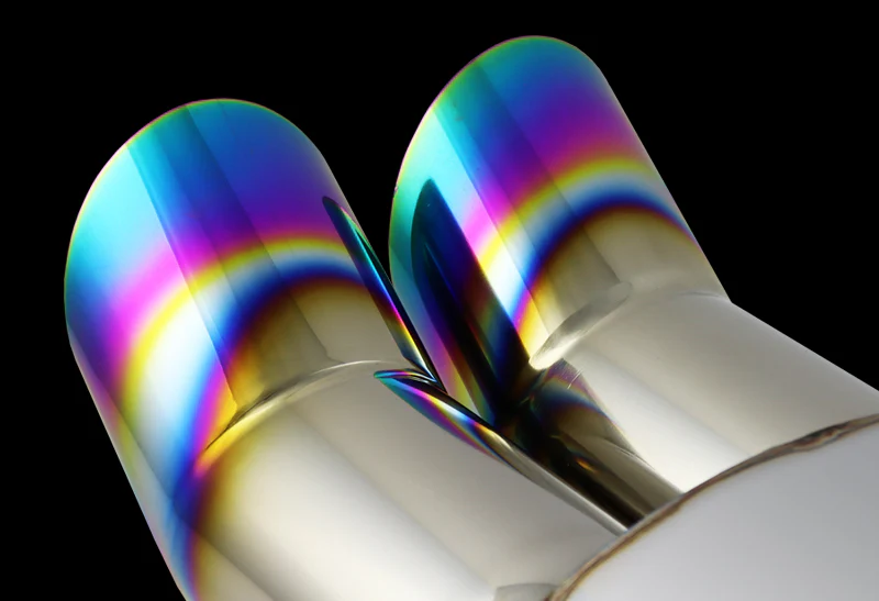 DTM Dual Angle Tip Style Universal 2.5" Inlet 3" Outlet Deep And Smooth Tone Weld-On T-304 Exhaust Muffler -Rainbow Burnt - Image 5