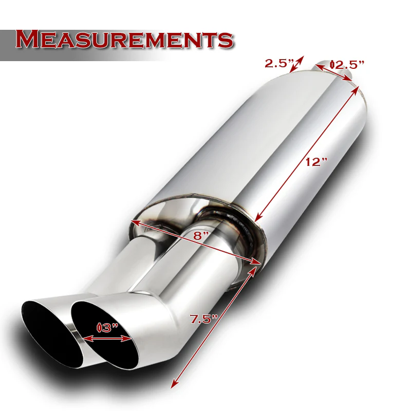 DTM Dual Angle Tip Style Universal 2.5" Inlet 3" Outlet Deep And Smooth Tone Weld-On T-304 Exhaust Muffler -Chrome - Image 2