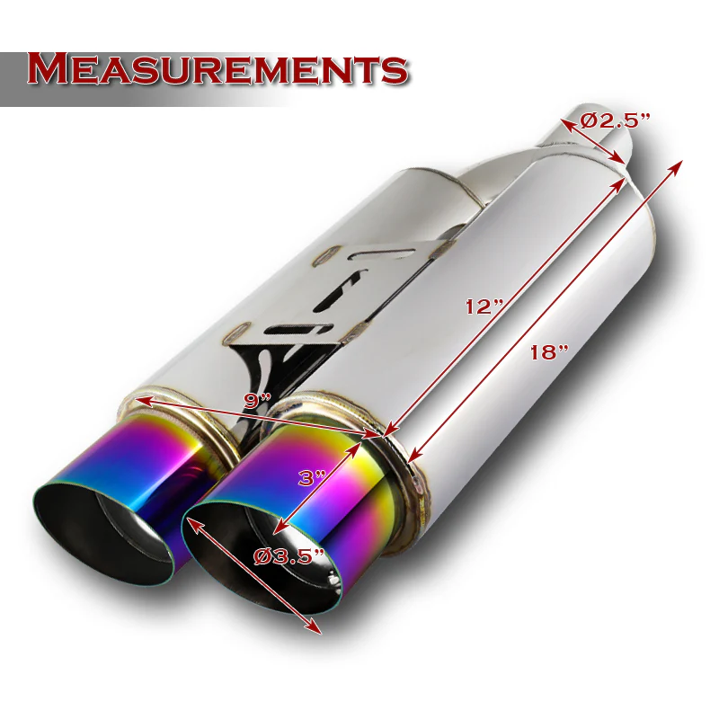 DTM Dual Body Slant Tip Style Universal 2.5" Inlet 3.5" Outlet Deep And Smooth Tone, Removable Silencer Pre-attached, Weld-On T-304 Exhaust High Flow Dual Tip Muffler -Rainbow Burnt Tip - Image 2