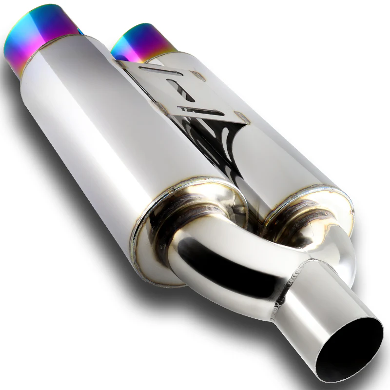 DTM Dual Body Slant Tip Style Universal 2.5" Inlet 3.5" Outlet Deep And Smooth Tone, Removable Silencer Pre-attached, Weld-On T-304 Exhaust High Flow Dual Tip Muffler -Rainbow Burnt Tip - Image 3