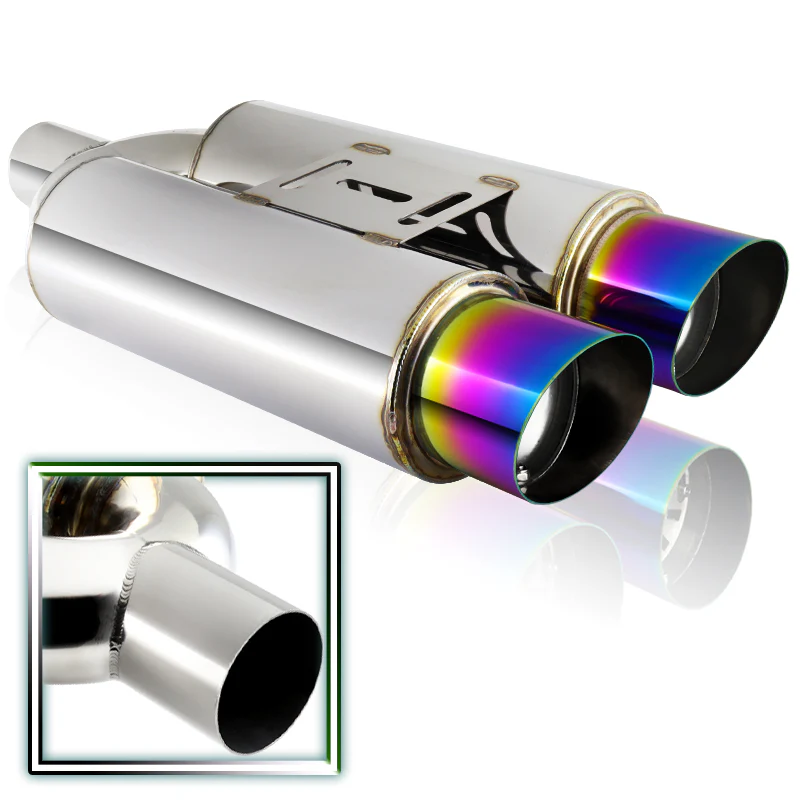 DTM Dual Body Slant Tip Style Universal 2.5" Inlet 3.5" Outlet Deep And Smooth Tone, Removable Silencer Pre-attached, Weld-On T-304 Exhaust High Flow Dual Tip Muffler -Rainbow Burnt Tip - Image 5