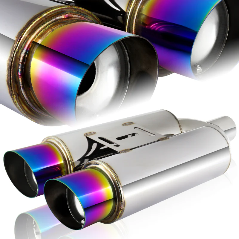 DTM Dual Body Slant Tip Style Universal 2.5" Inlet 3.5" Outlet Deep And Smooth Tone, Removable Silencer Pre-attached, Weld-On T-304 Exhaust High Flow Dual Tip Muffler -Rainbow Burnt Tip - Image 6