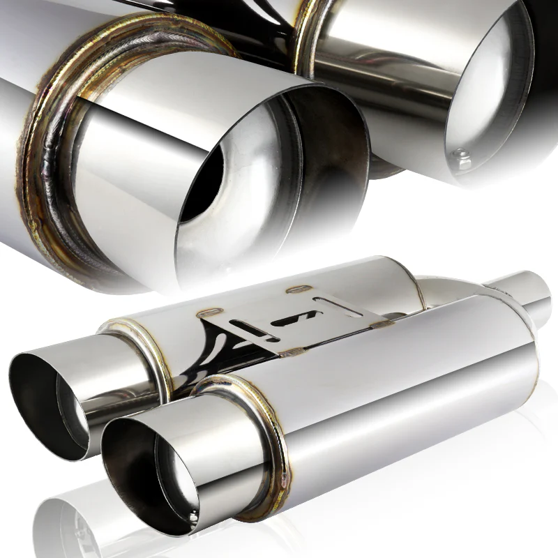 DTM Dual Body Slant Tip Style Universal 2.5" Inlet 3.5" Outlet Deep And Smooth Tone, Removable Silencer Pre-attached, Weld-On T-304 Exhaust High Flow Dual Tip Muffler -Chrome - Image 2