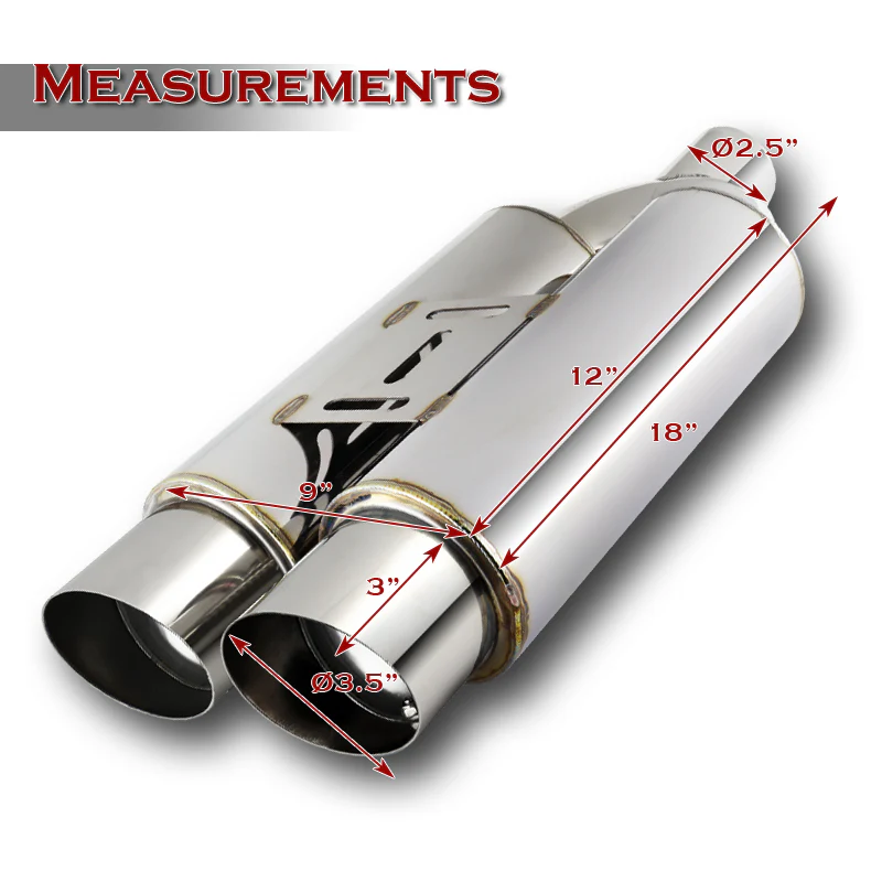 DTM Dual Body Slant Tip Style Universal 2.5" Inlet 3.5" Outlet Deep And Smooth Tone, Removable Silencer Pre-attached, Weld-On T-304 Exhaust High Flow Dual Tip Muffler -Chrome - Image 3