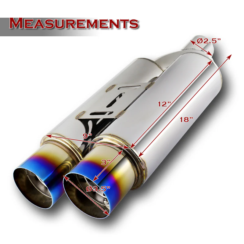 DTM Dual Body Tip Style Universal 2.5" Inlet 3.5" Outlet Deep And Smooth Tone Weld-On T-304 Exhaust High Flow Dual Tip Muffler -Blue Burnt Tip - Image 2