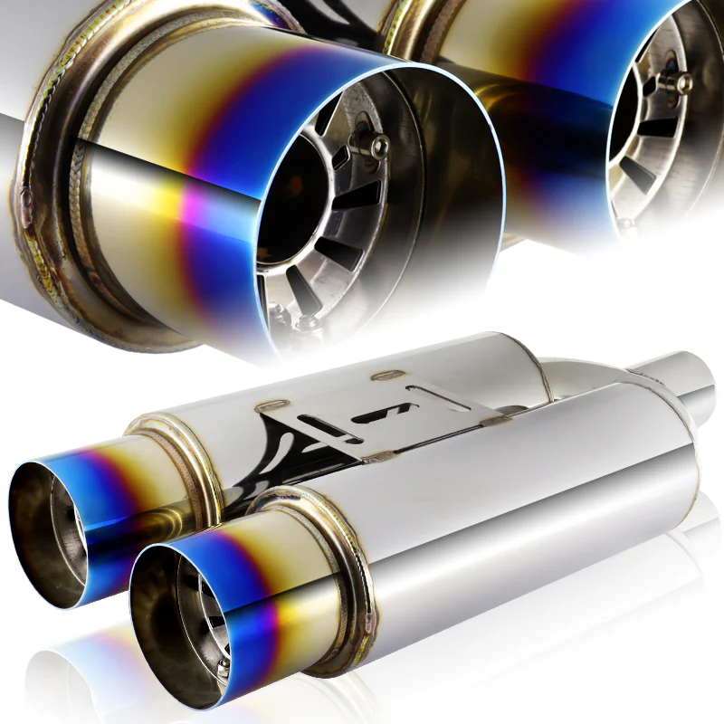 DTM Dual Body Tip Style Universal 2.5" Inlet 3.5" Outlet Deep And Smooth Tone Weld-On T-304 Exhaust High Flow Dual Tip Muffler -Blue Burnt Tip - Image 4