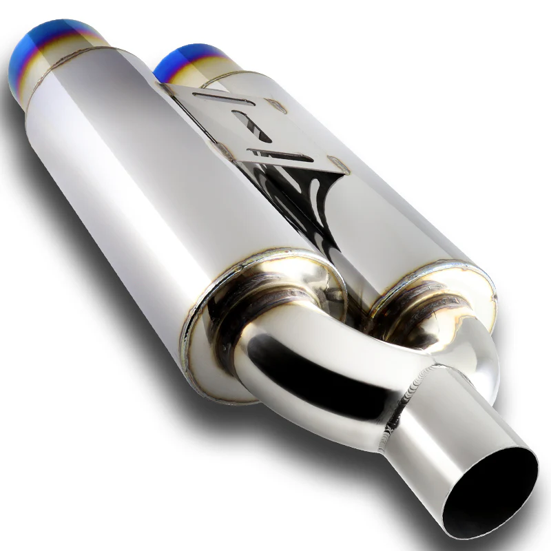 DTM Dual Body Tip Style Universal 2.5" Inlet 3.5" Outlet Deep And Smooth Tone Weld-On T-304 Exhaust High Flow Dual Tip Muffler -Blue Burnt Tip - Image 5