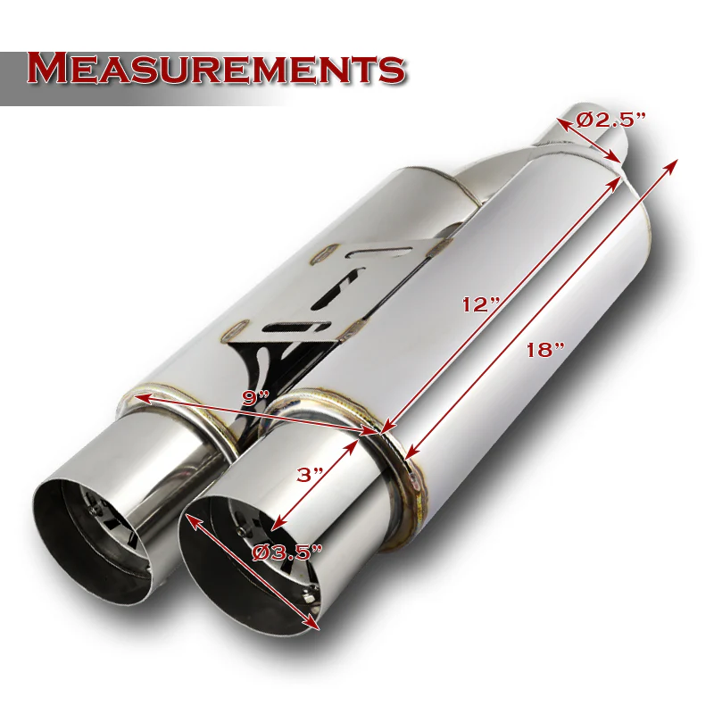 DTM Dual Body Tip Style Universal 2.5" Inlet 3.5" Outlet Deep And Smooth Tone Weld-On T-304 Exhaust High Flow Dual Tip Muffler -Chrome - Image 2