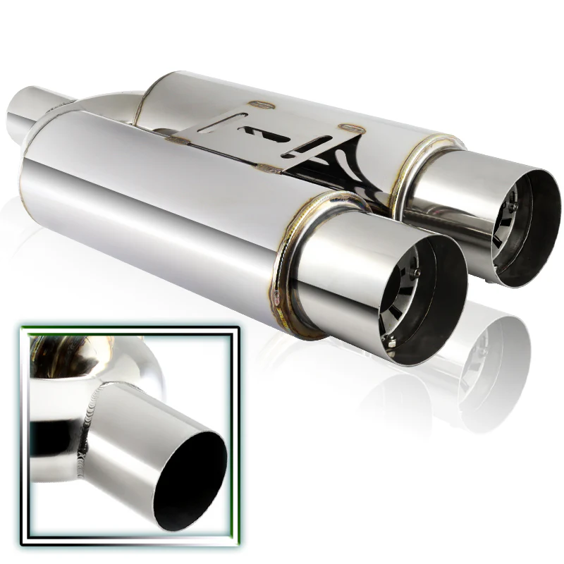 DTM Dual Body Tip Style Universal 2.5" Inlet 3.5" Outlet Deep And Smooth Tone Weld-On T-304 Exhaust High Flow Dual Tip Muffler -Chrome - Image 3