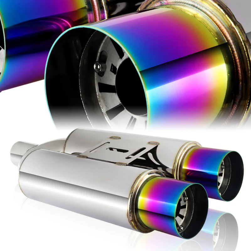 DTM Dual Body Tip Style Universal 2.5" Inlet 3.5" Outlet Deep And Smooth Tone Weld-On T-304 Exhaust High Flow Dual Tip Muffler -Rainbow Burnt Tip - Image 2