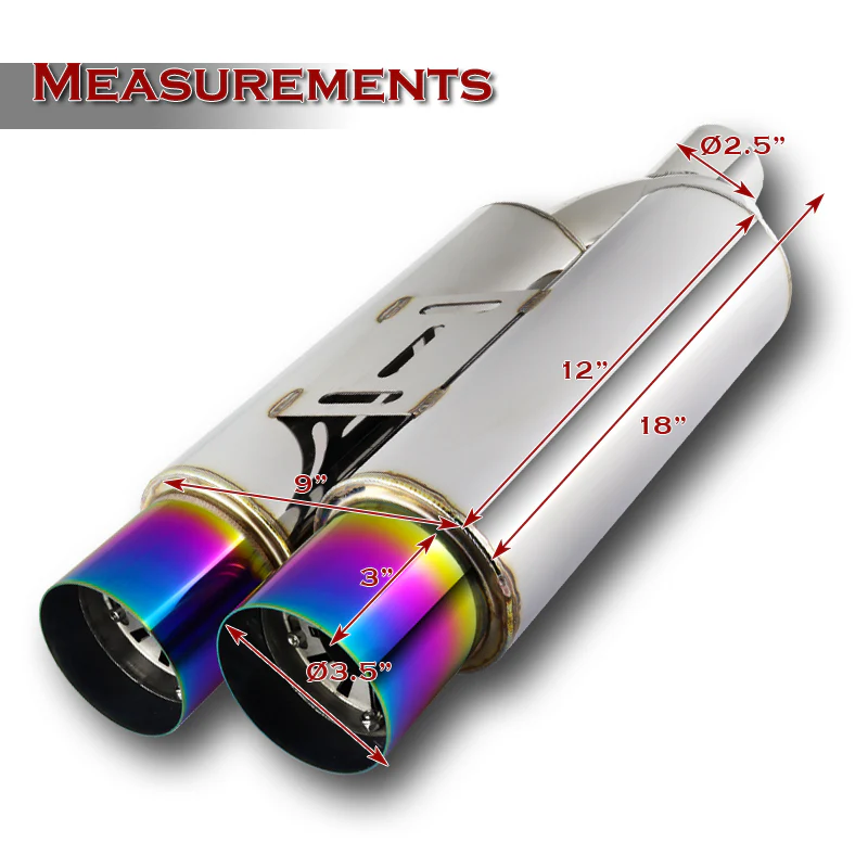 DTM Dual Body Tip Style Universal 2.5" Inlet 3.5" Outlet Deep And Smooth Tone Weld-On T-304 Exhaust High Flow Dual Tip Muffler -Rainbow Burnt Tip - Image 3