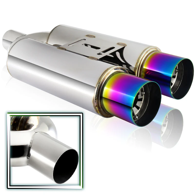 DTM Dual Body Tip Style Universal 2.5" Inlet 3.5" Outlet Deep And Smooth Tone Weld-On T-304 Exhaust High Flow Dual Tip Muffler -Rainbow Burnt Tip - Image 4