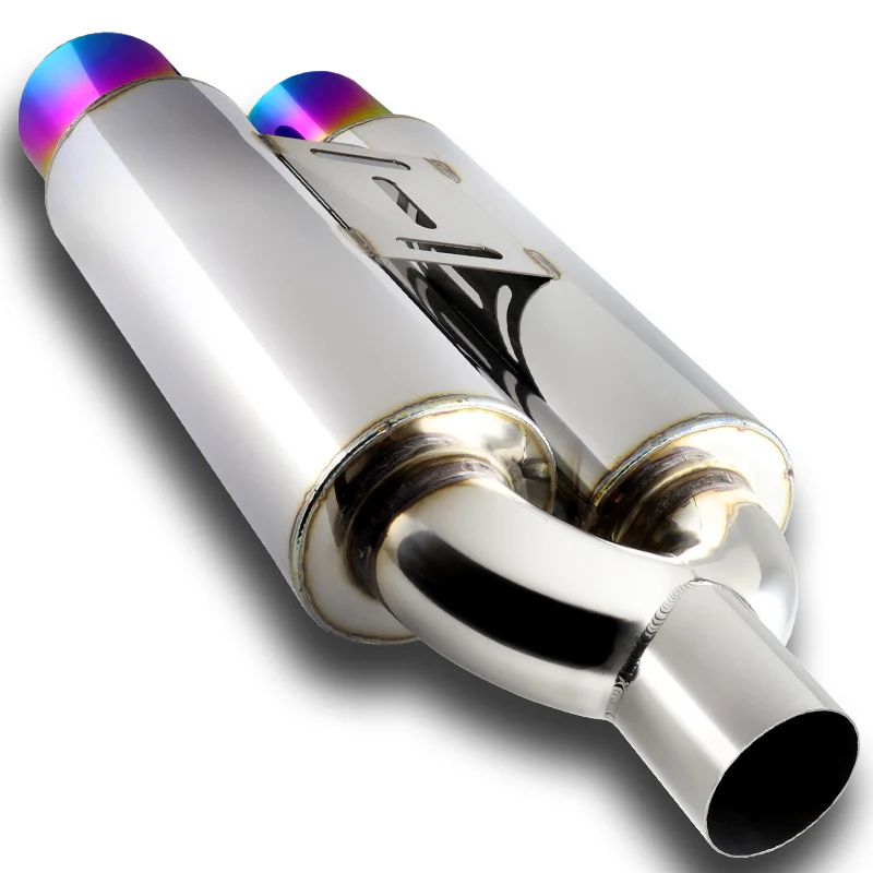 DTM Dual Body Tip Style Universal 2.5" Inlet 3.5" Outlet Deep And Smooth Tone Weld-On T-304 Exhaust High Flow Dual Tip Muffler -Rainbow Burnt Tip - Image 6