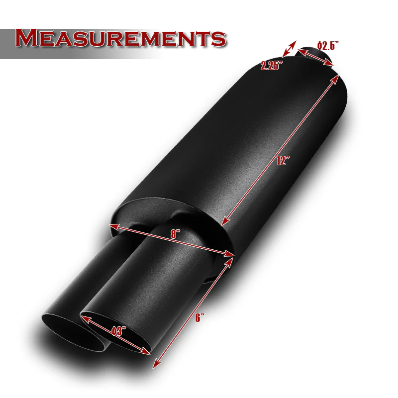 DTM Dual Slant Tip Style Universal 2.5" Inlet 3" Outlet Deep And Smooth Tone Weld-On T-304 Exhaust High Flow Dual Tip Muffler -Black - Image 2