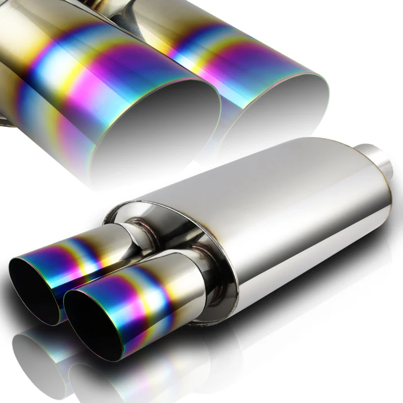 DTM Dual Slant Tip Style Universal 2.5" Inlet 3" Outlet Deep And Smooth Tone Weld-On T-304 Exhaust High Flow Dual Tip Muffler -Rainbow Burnt Tip - Image 3