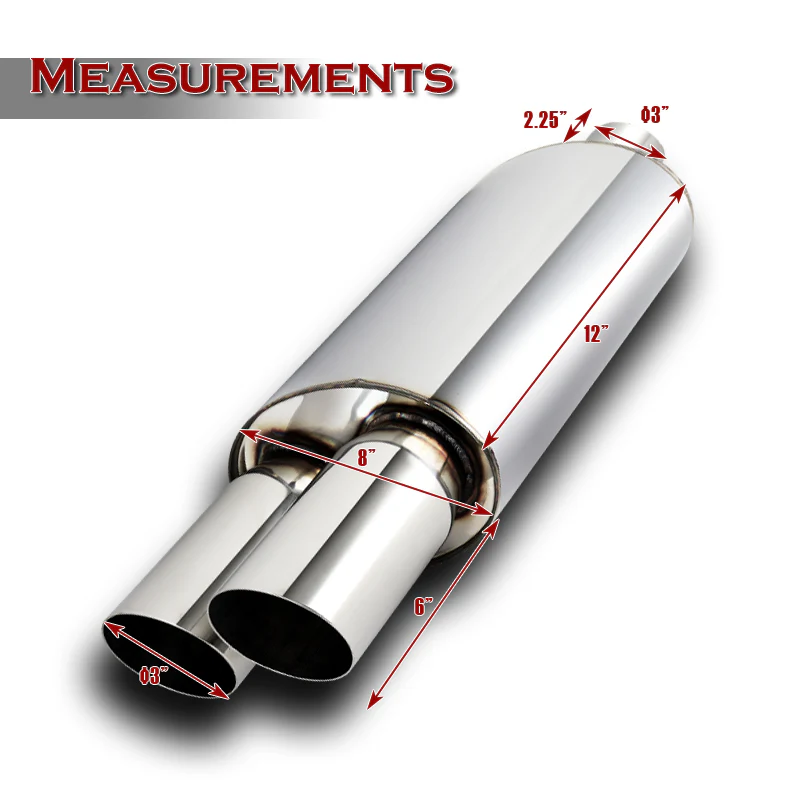 DTM Dual Slant Tip Style Universal 3" Inlet 3" Outlet Deep And Smooth Tone Weld-On T-304 Exhaust High Flow Dual Tip Muffler -Chrome - Image 2