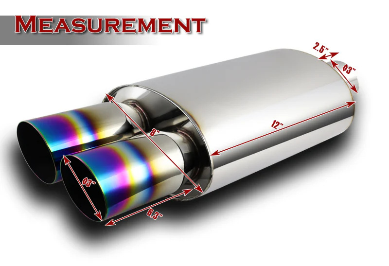 DTM Dual Slant Tip Style Universal 3" Inlet 3" Outlet Deep And Smooth Tone Weld-On T-304 Exhaust High Flow Dual Tip Muffler -Rainbow Burnt Tip - Image 2
