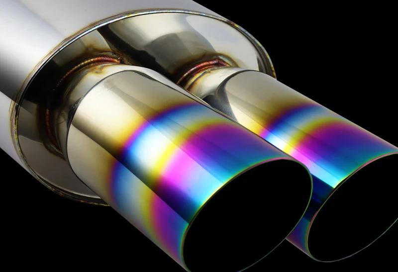 DTM Dual Slant Tip Style Universal 3" Inlet 3" Outlet Deep And Smooth Tone Weld-On T-304 Exhaust High Flow Dual Tip Muffler -Rainbow Burnt Tip - Image 4