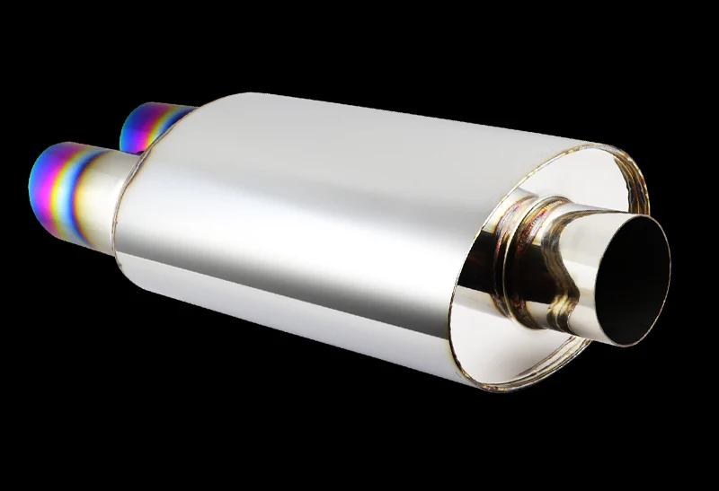 DTM Dual Slant Tip Style Universal 3" Inlet 3" Outlet Deep And Smooth Tone Weld-On T-304 Exhaust High Flow Dual Tip Muffler -Rainbow Burnt Tip - Image 5