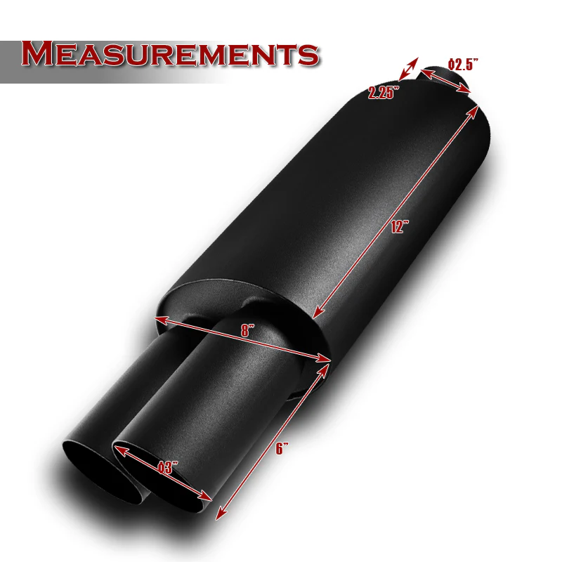 DTM Dual Tip Style Universal 2.5" Inlet 3" Outlet Deep And Smooth Tone Weld-On T-304 Exhaust High Flow Dual Tip Muffler -Black - Image 3