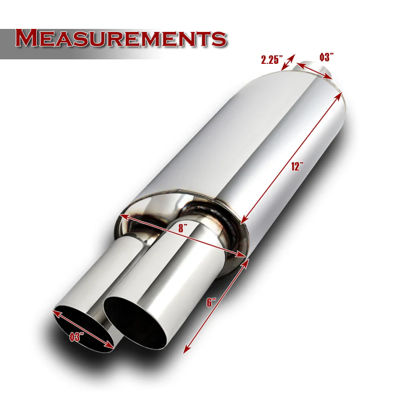 DTM Dual Tip Style Universal 3" Inlet 3" Outlet Deep And Smooth Tone Weld-On T-304 Exhaust High Flow Dual Tip Muffler -Chrome - Image 2