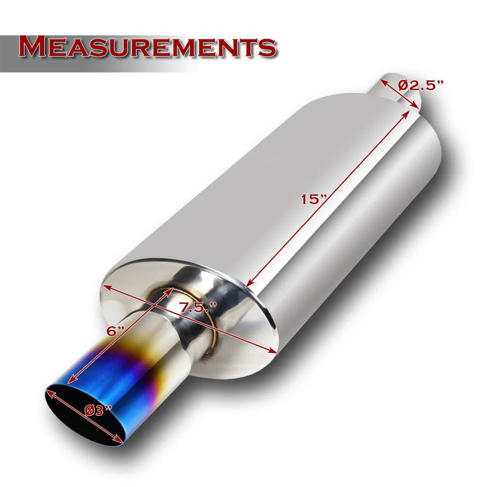 DTM Slant Tip Style Universal 2.5" Inlet 3" Outlet Deep And Smooth Tone Weld-On T-304 Exhaust High Flow Stainless Steel Muffler -Blue Tip - Image 2