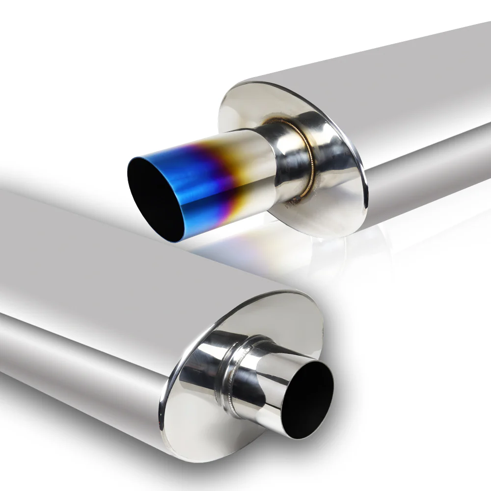 DTM Slant Tip Style Universal 2.5" Inlet 3" Outlet Deep And Smooth Tone Weld-On T-304 Exhaust High Flow Stainless Steel Muffler -Blue Tip - Image 3