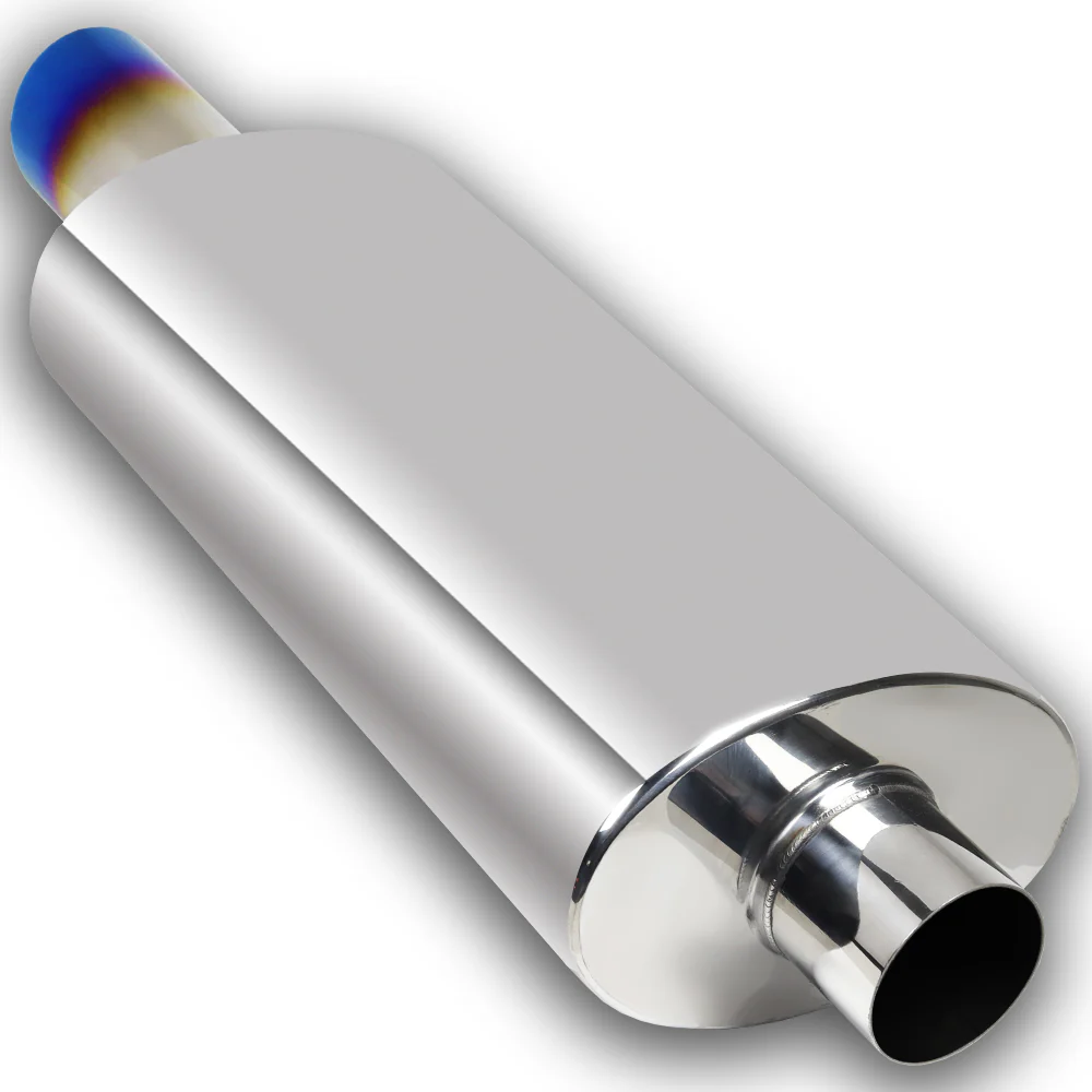 DTM Slant Tip Style Universal 2.5" Inlet 3" Outlet Deep And Smooth Tone Weld-On T-304 Exhaust High Flow Stainless Steel Muffler -Blue Tip - Image 4