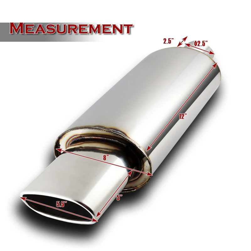 Euro Style Universal 2.5" Inlet 5.5" Outlet Deep And Smooth Tone Weld-On T-304 Exhaust High Flow Oval Tip Muffler -Chrome - Image 2