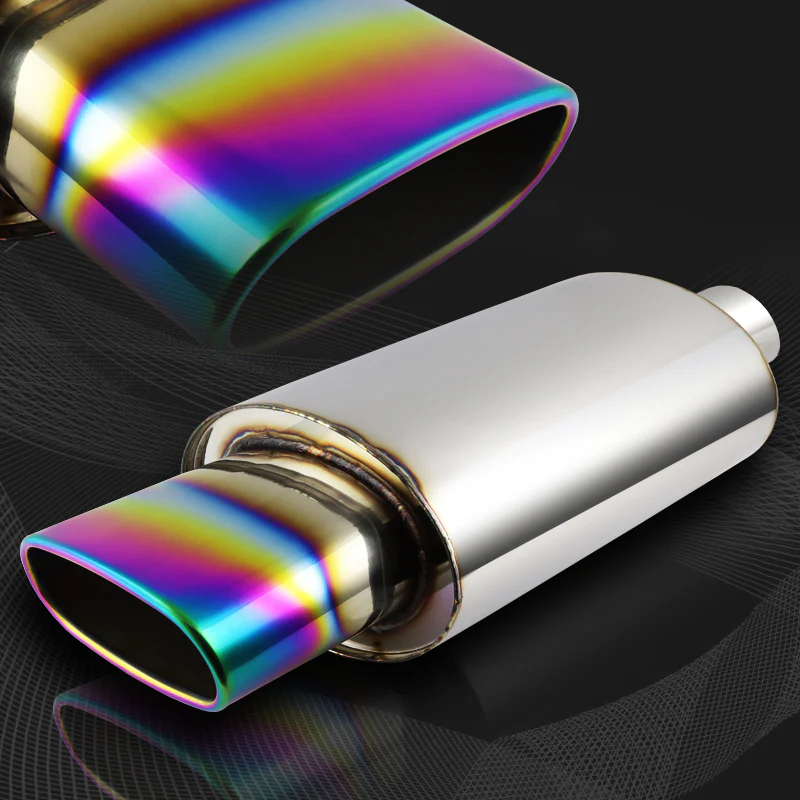 Euro Style Universal 2.5" Inlet 5.5" Outlet Deep And Smooth Tone Weld-On T-304 Exhaust High Flow Oval Tip Muffler -Rainbow Burnt Tip - Image 3