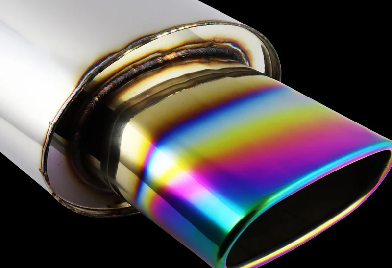 Euro Style Universal 2.5" Inlet 5.5" Outlet Deep And Smooth Tone Weld-On T-304 Exhaust High Flow Oval Tip Muffler -Rainbow Burnt Tip - Image 4