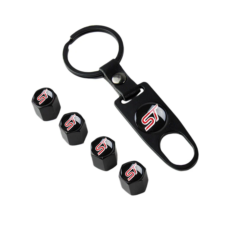 Ford FOCUS ST Universal Car SUV Wheel Tire Valves Dust Stem Air Caps Keychain Emblem Black Set