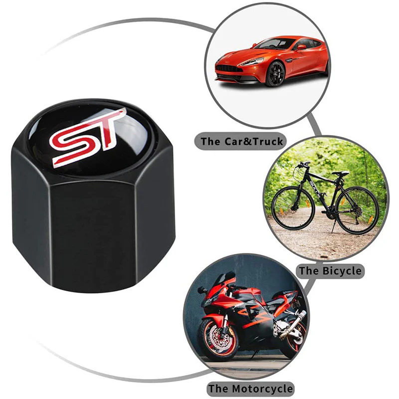 Ford FOCUS ST Universal Car SUV Wheel Tire Valves Dust Stem Air Caps Keychain Emblem Black Set - Image 5