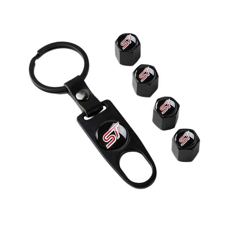 Ford FOCUS ST Universal Car SUV Wheel Tire Valves Dust Stem Air Caps Keychain Emblem Black Set - Image 6
