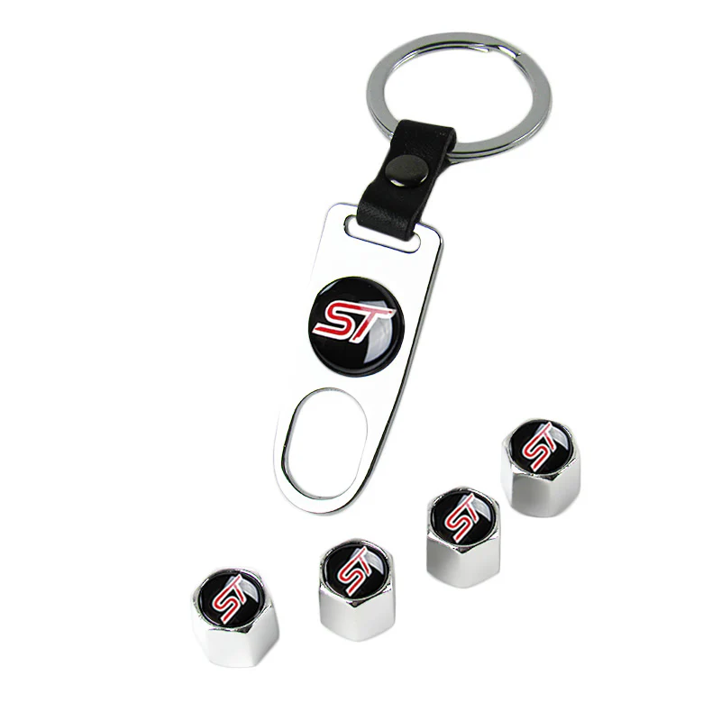 FOCUS ST Universal Car SUV Wheel Tire Valves Dust Stem Air Caps Keychain Emblem Silver Set - Image 3