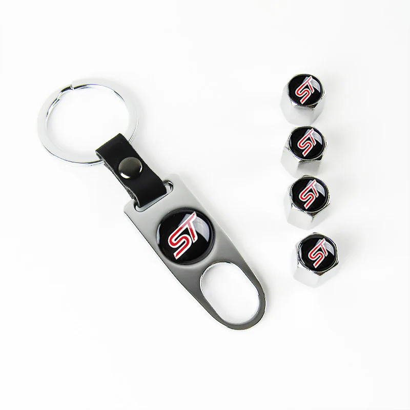 FOCUS ST Universal Car SUV Wheel Tire Valves Dust Stem Air Caps Keychain Emblem Silver Set - Image 6