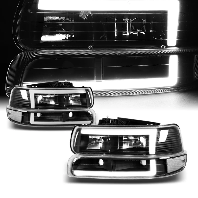 For 1999 - 2002 Chevrolet Chevy Silverado / 2000 - 2006 Tahoe Suburban LED DRL Headlights -Black Housing / Clear Lens / Clear Reflectors (4-Piece Set) - Image 2