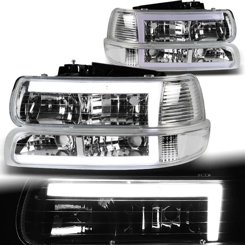For 1999 - 2002 Chevrolet Chevy Silverado / 2000 - 2006 Tahoe Suburban LED DRL Headlights -Chrome Housing / Clear Lens / Clear Reflectors (4-Piece Set) - Image 2