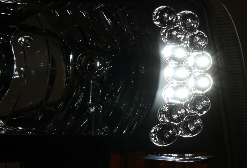 For 1999 - 2004 Ford F250 / F350 Super Duty / Excursion LED DRL Headlights -Chrome Housing / Clear Lens / Amber Reflectors - Image 4