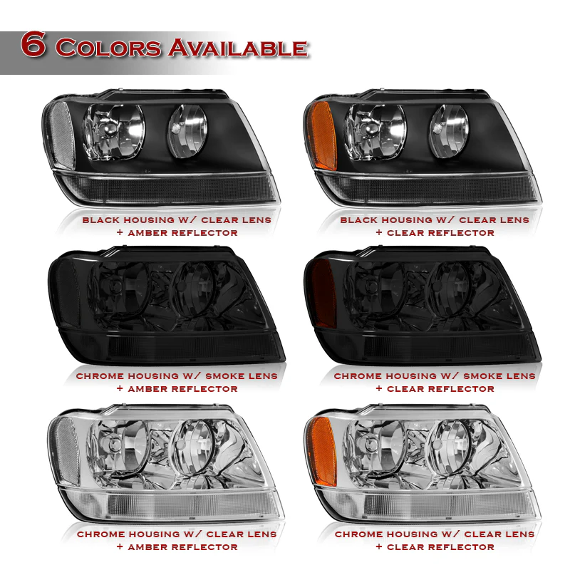 For 1999 - 2004 Jeep Grand Cherokee Headlights -Chrome Housing / Clear Lens / Clear Reflectors - Image 4