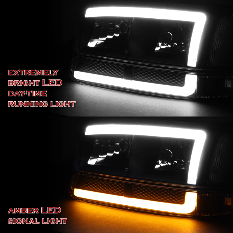 For 1999 - 2006 GMC Sierra / Yukon LED DRL Headlights -Black Housing / Clear Lens / Amber Reflectors (4-Piece Set) - Image 4