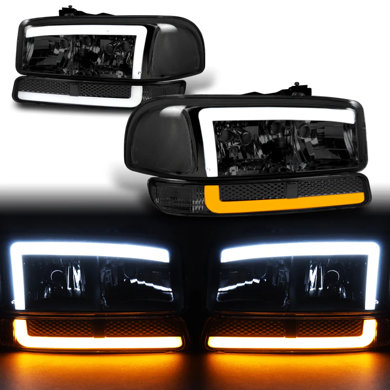 For 1999 - 2006 GMC Sierra / Yukon LED DRL Headlights -Chrome Housing / Smoke Lens / Clear Reflectors (4-Piece Set) - Image 2